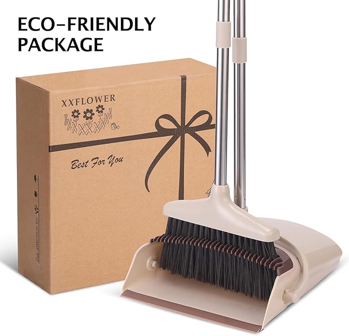 XXFLOWER Broom and Dustpan Set with Long Handle, Light Weight Stainless Steel Poles Stand Upright Dustpans with Broom Combo for Home Kitchen Office Pet Dog Hair, Brown & Beige Color, 1-Pack