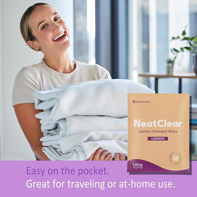 Laundry Detergent Sheets - Travel Size - Lavender Scent 32 Strips (32 Loads) - Concentrated Liquidless Laundry Soap - No Mess - Space-Saving - for Travel, Apartments, Dorms, Sink