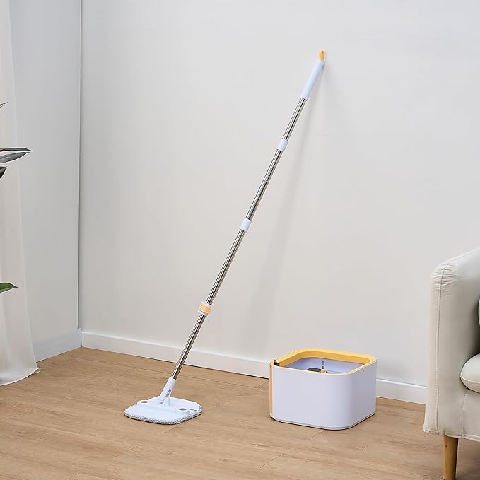 True & Tidy® TrueClean Mop and Bucket System Plus with New Easy Lift Inner Bucket, Self Wringing, Separates Clean from Dirty Water, Folding Mop Head, Dual Brush System, 4-pc Machine Washable Pads