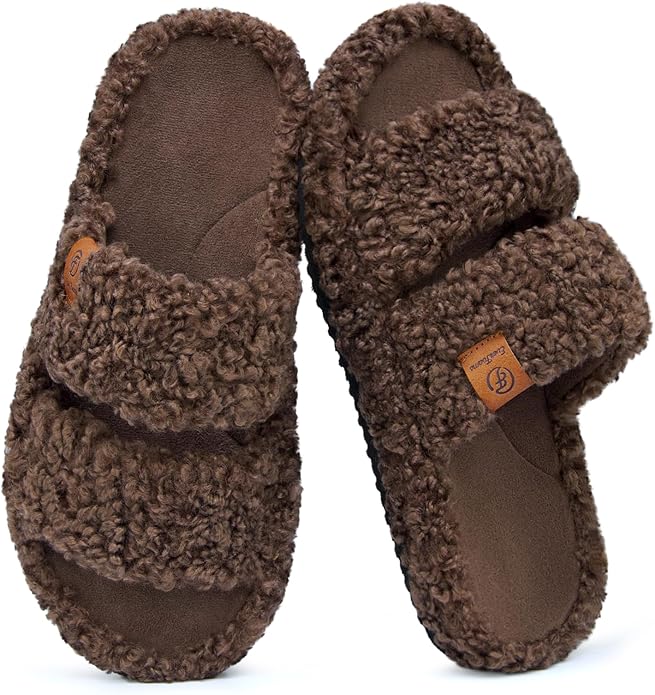 EverFoams Womens Fuzzy Open-toe Slippers Soft Comfy Memory Foam Indoor House Shoes