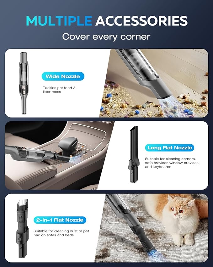 Zefiro Compact & Powerful Cordless Handheld Vacuum, Rechargeable Portable Car Vacuum for Car & Pet Hair, 22000PA High Power Suction, XL Dust Cup, 2 Brushes & Filters, Long Runtime with Charger