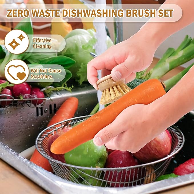 Bamboo Dish Brush - 6 Replacement Heads, Soft Sisal Bristle Scrubber, Brush for Kitchen Cleaning