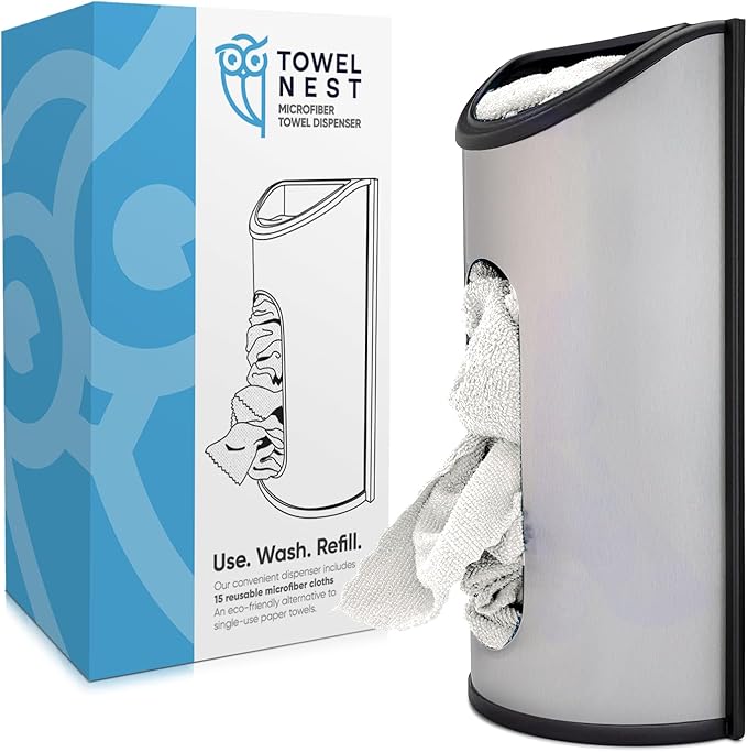 TowelNest Microfiber Cloth Dispenser | 15 Reusable Cloths (White) | Eco-Friendly Paper Towel Alternative | Absorbent & Washable | Wall/Cabinet Mount (3M Adhesive & Screws Included)