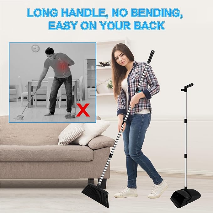 UDUK Broom with Dustpan Combo Set and Silicone Air Broom Kit, 51" Long Handle Floor Squeegee, Black Household Kit for Glass Window Rugs Pet Hair Home
