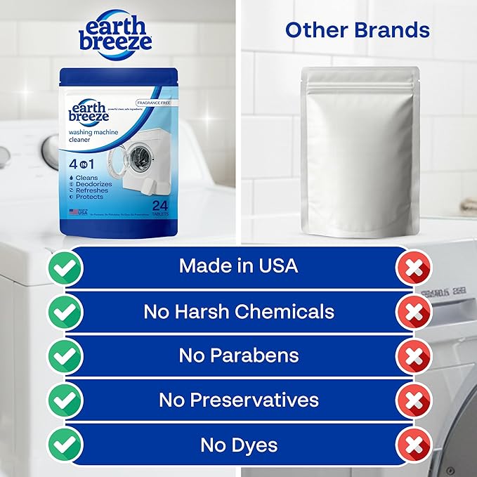 Earth Breeze Washing Machine Cleaner Tablets – Deep Cleans, Deodorizes & Removes Odors, Residue & Buildup – For Front Load, Top Load & HE Washers – Fragrance-Free - No Harsh Chemicals - Made in USA