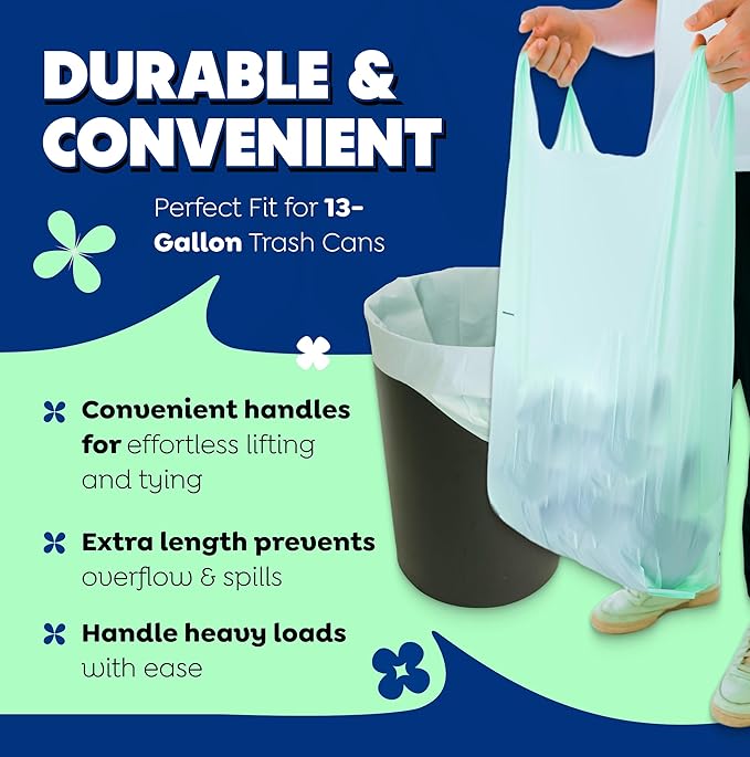 KOMPOSTABLES BPI 100% Home Compostable Kitchen Trash Bags, 13 Gallon 1.5 Mil Heavy Duty Unscented Plant Based Bags w/Handles, Tall Biodegradable Garbage, Compost & Food Scrap Waste Can Liners, 35 Ct