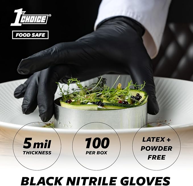 1st Choice Black Nitrile Gloves Disposable Latex-Free 5 Mil Textured for Cooking, Cleaning, Food Prep, Medium, Case of 1000
