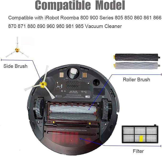 Replacement Parts for iRobot Roomba 800 900 Series 805 850 860 861 866 870 871 880 890 960 980 981 985 Vacuum Cleaner,4 Filter,4 Side Brush & Screws and 1 Set Main Roller Brush