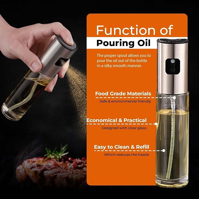 VIGOR PATH Oil Sprayer Mister - 100ml Stainless Steel Cooking Oil Sprayer Bottle for Air Fryer, BBQ, Salad, Baking, and Roasting - Refillable Oil, Vinegar, Sprayer for Kitchen Gadgets - Pack of 1