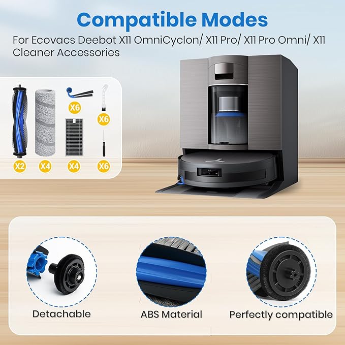 Bluevisk X11 Replacement Parts for Ecovacs Deebot X11 OmniCyclone X11 Pro Omni X11 Pro X11 Vacuum Robotic Parts with 2 Roller Brush,4 Mop,4 HEAP,6 Side Brushes,1 Screwdriver,1 Clean Brush