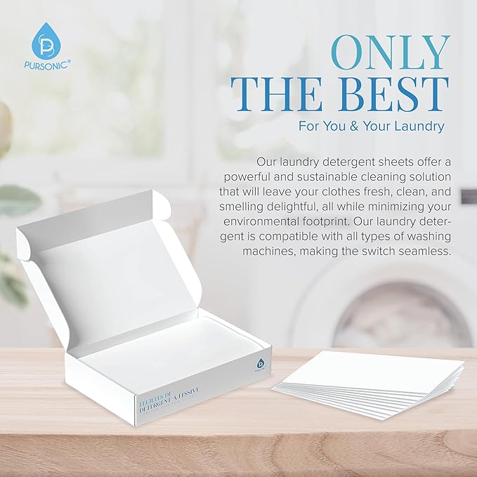 Pursonic Eco Laundry Detergent Sheets - 30 Sheet (60 Loads) Natural Zero Plastic Laundry Sheets with Powerful Cleaning Power - Travel Essentials, Quick-Dissolving & Mess-Free (Fresh Linen)