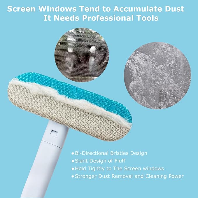 4 in 1 Window Screen Cleaning Brush with Handle, Wet and Dry Window Cleaner with Squeege, Dog and Cat Hair Remover, Suitable for Furniture, Carpet, Clothes, Bedding, Window Screen