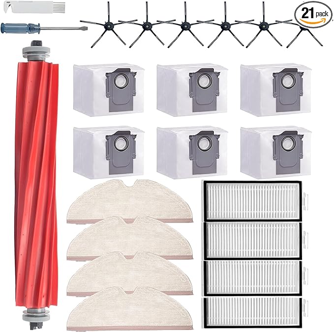 DovLazm 21 Pcs Q7 Max Replacement Parts，for Roborock Q7 / Q7+ / Q7 Max / Q7 Max+ Vacuum Cleaner Accessories Kit, 1 Main Brush, 4 Filter, 4 Mop Pad, 6 Side Brush，6 Vacuum Bag