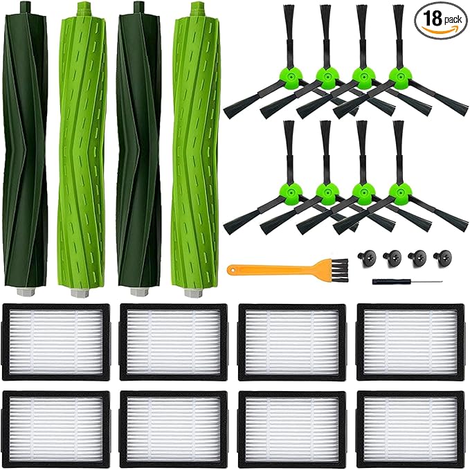 18 Pack Replacement Parts Accessories Compatible for iRobot Roomba i3 i3+ i7 i7+ i4 i6 i6+i8 i8+/Plus E5 E6 E7 J7 i5+j5+ I,E &J Series Vacuum Cleaner 2 Set of Roller Brush & 8 Filters & 8 Side Brushes