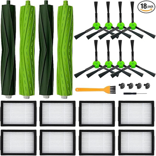 18 Pack Replacement Parts Accessories Compatible for iRobot Roomba i3 i3+ i7 i7+ i4 i6 i6+i8 i8+/Plus E5 E6 E7 J7 i5+j5+ I,E &J Series Vacuum Cleaner 2 Set of Roller Brush & 8 Filters & 8 Side Brushes