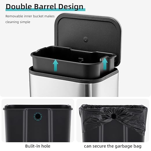 GlowSol Small Trash Can with Lid, 5.3 Gallon Stainless Steel Garbage Can, Rectangular Step on Waste Bin with Foot Pedal & Inner Bucket, Quiet Close, for Kitchen Bathroom Bedroom Living Room Office