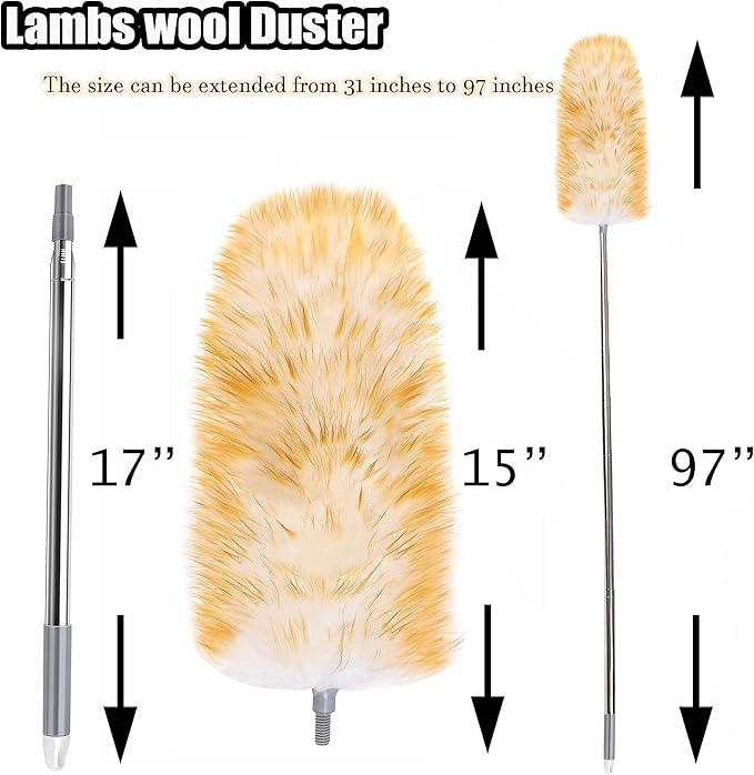 Leories Feathers Duster 97" Long Telescoping Lambswool Duster with Bendable Wool Head - Ultra-Thick Stainless Steel Extension Pole for Cleaning