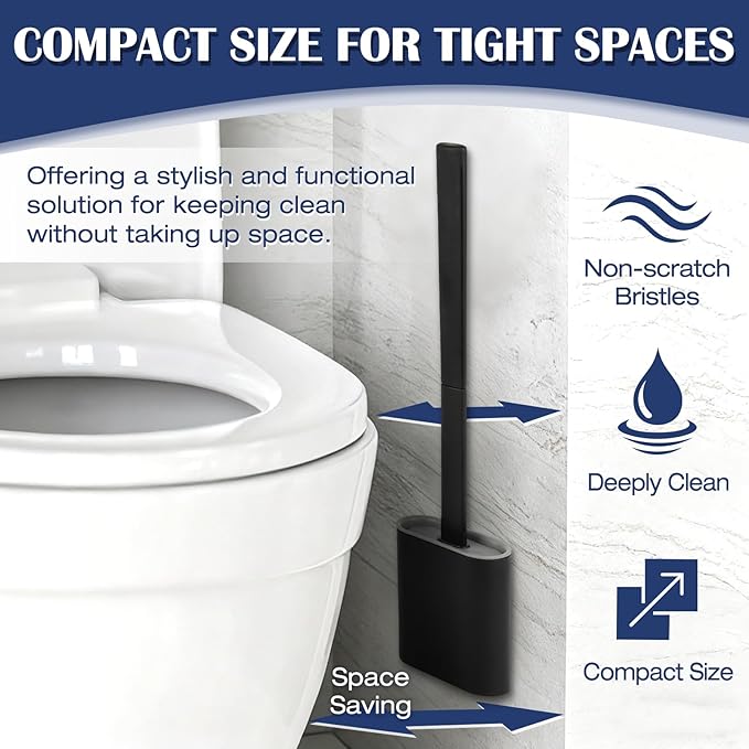 Pesilo Toilet Brush and Holder Set, Wall Mounted Toilet Bowl Brush Head with Silicone Bristles, 2 Pack Black Compact Size for Storage and Organization Scrub Brush for RV Bathroom Accessories