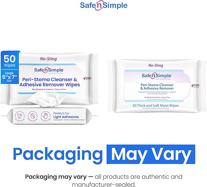 Safe n’ Simple Resealable Adhesive Remover Wipes for Skin - 50 Large 5"x7" No Sting Alcohol Free Medical Adhesive Remover Pads for Ostomy, Stoma Care - Gentle Adhesive Removal Wipes for Bandages, Tape