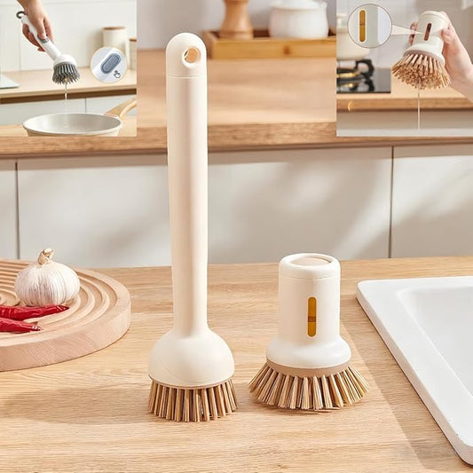 Adjustable Dish Brush with Soap Dispenser, Non-Scratch PET Bristles, Ergonomic Handle, Kitchen Cleaning Tool for Pots, Pans & Sink (Yellow, Combination Style (1 Long + 1 Short))