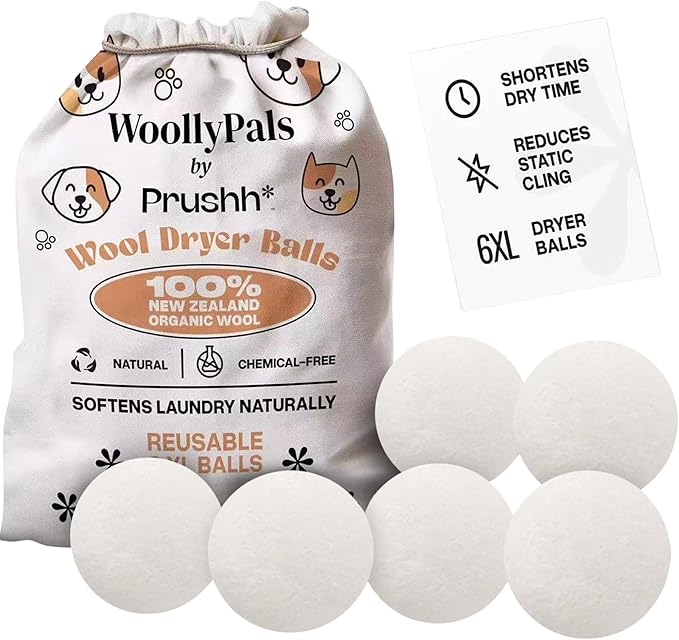 WoollyPals Dryer Balls (6-Pack, XL Size) - 100% New Zealand Wool - No More Dryer Sheets - Eco Dryer Balls - Reusable - Softens Laundry - Reduces Drying Time & Static - with Storage Bag (Plain White)