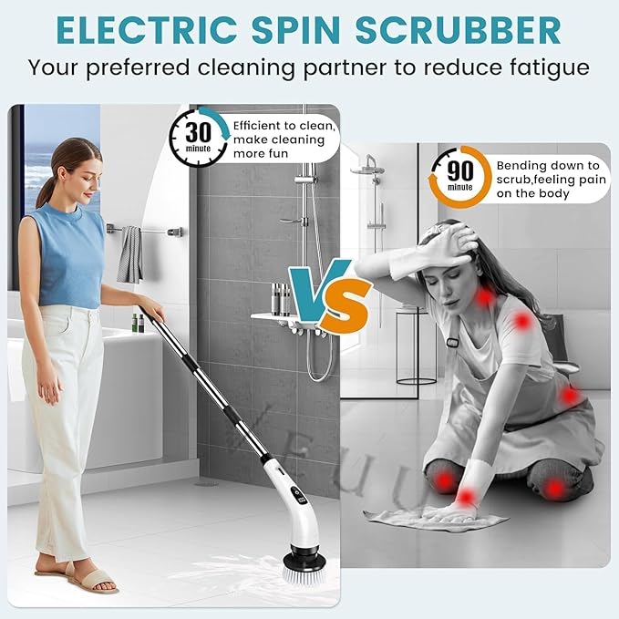 Avonley 7-in-1 Electric Spin Scrubber, 25W Powerful Cordless Cleaning Brush with Adjustable Handle & 7 Replaceable Heads for Bathroom, Floor, Tile, Kitchen & Car