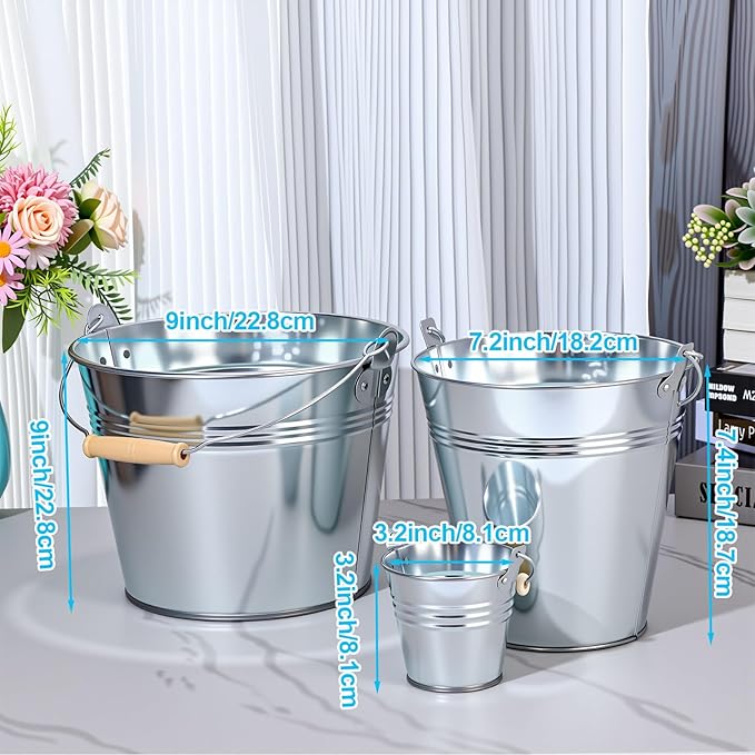 Zopeal 6 Pcs Large Metal Bucket Beer Bucket Galvanized Steel Pail with Handle for Gifts Basket Ice Candy Party(7.4 x 7.2 x 4.6 Inch,Silver)