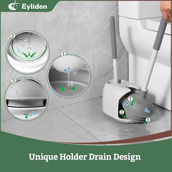 Eyliden 2 Pack Toilet Plunger & Brush Set, Upgrade 3-Step Suction Cup - Ultra-Tight Seal, Durable, Space-Saving Toilet Deep Cleaning Combo with Holder, Bathroom Essentials (2 Pack, White & Grey)