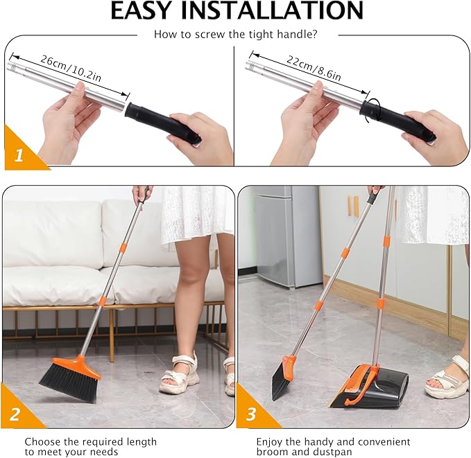 XXFLOWER Broom and Dustpan Set with Long Handle, Light Weight Stainless Steel Poles Stand Upright Dustpans with Broom Combo for Home Kitchen Office Pet Dog Hair, Black & Orange Color, 1-Pack