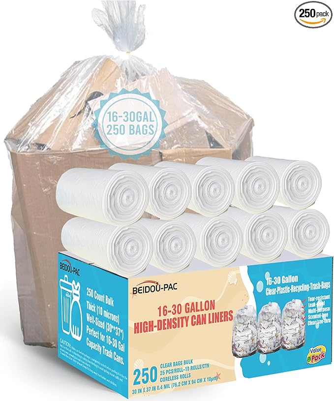 BEIDOU-PAC 16-18-20-30 Gallon Trash Bags, 250 Count Bulk, Clear Plastic Recycling Bags, Multi-purpose Garbage Bags Can Liners for Business Home Kitchen Commercial and Industrial