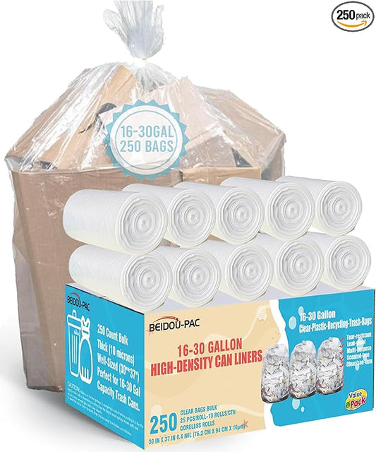 BEIDOU-PAC 16-18-20-30 Gallon Trash Bags, 250 Count Bulk, Clear Plastic Recycling Bags, Multi-purpose Garbage Bags Can Liners for Business Home Kitchen Commercial and Industrial