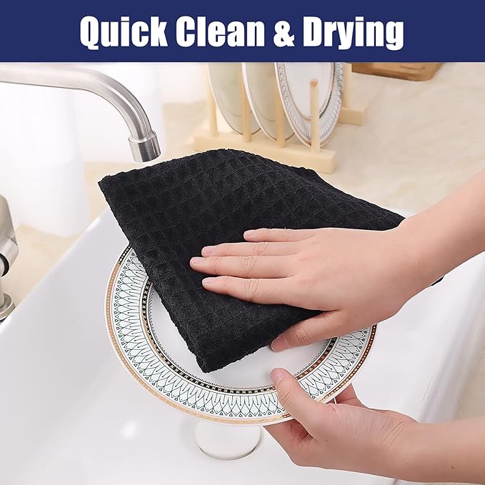 Homaxy Microfiber Waffle Weave Kitchen Towels, 16 x 28 Inch Ultra Absorbent and Solid Color Dish Towels, 4 Pack, Black