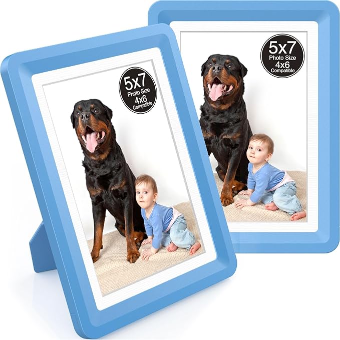 2-Pack 5x7 Picture Frame or 4x6 with Mat – Shatterproof Plastic Photo Frame for Family, Nursery, and Playroom, Wall & Tabletop Picture Frames for Home, Office, Safe & Lightweight Design in Sky Blue