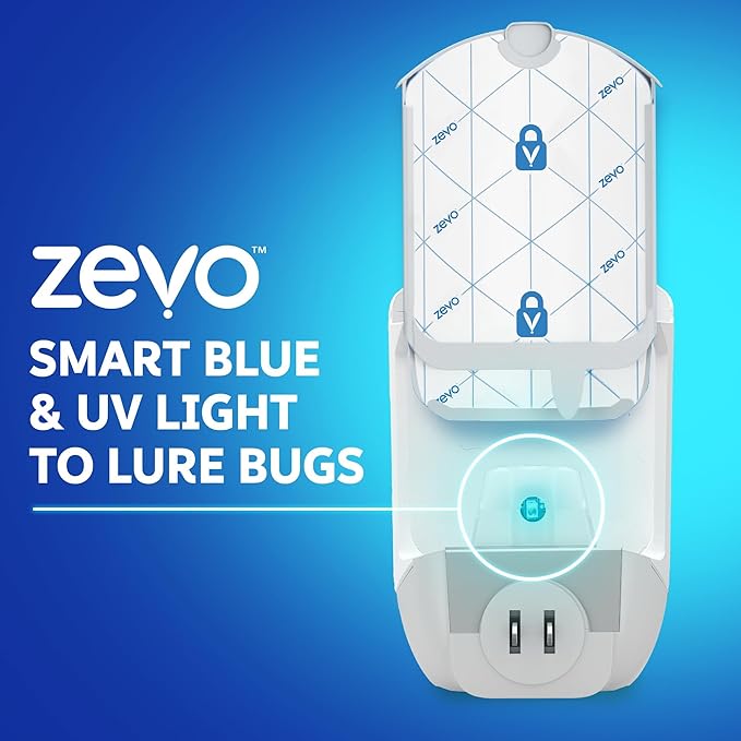 Zevo Flying Insect Trap & Cartridge - Plug in Fly Trap & Indoor Bug Catcher for Gnats, House & Fruit Flies - Mess-Free - Use in Any Room - Uses Blue & UV Light (1 Plug in Device & 1 Cartridge)