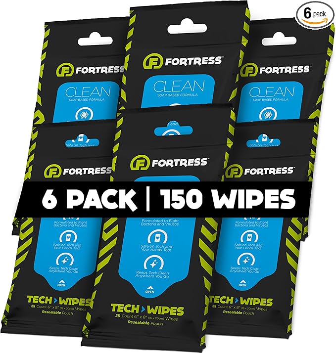 Fortress Electronic Wipes (25 ct, Pack of 6) To-Go Tech Wipes for Screens, Phones, Keyboards, TV Monitors, Computer Screens, and More [Travel Size] Skin-Safe