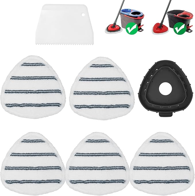 High-PQ Flat Mop Head Replacements, Microfiber Mopping Pads Refills, 5-Pack Spin Mop Pads + 1 Plastic Pad &1 Scrape for Floor, Wall & Ceiling Cleaning - Fits EasyWring & RinseClean Systems