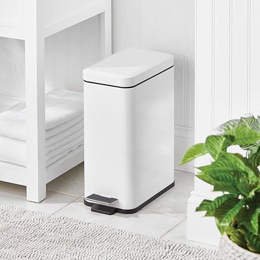 mDesign Pedal Bin — Waste Bin with Pedal, Lid and Plastic Bucket Insert for Bathroom, Kitchen, and Office — Metal Household Rubbish Bin with Ergonomic Design — White