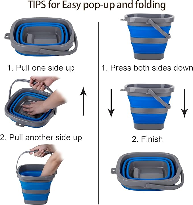 3 Pack Collapsible Bucket with 1.32 Gallon (5L) Each, Small Plastic Bucket for Sand or Beach, Portable Water Tub for Cleaning, Fishing Water Pail