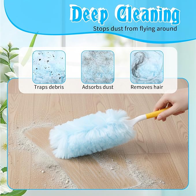 AOZUO 60 Count 360° Duster Refills, Disposable Heavy Duty Duster Refills Kit with 2 Handles, Microfiber Duster Feather Duster Electrostatic Lock-Dust System for Cleaning Furniture, Blinds, Electronics