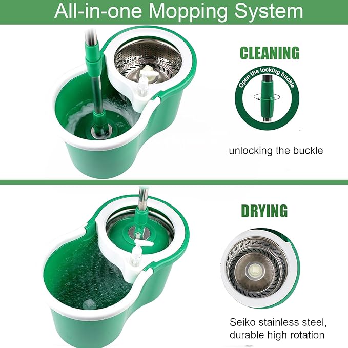 Spin Mop and Bucket with Wringer Set, 360° Spinning Mop Bucket System with 3 Microfiber Mop Replacement Heads Refills,56" Stainless Steel Extended Handle for Floor Cleaning Home Office (20QT) (Green)