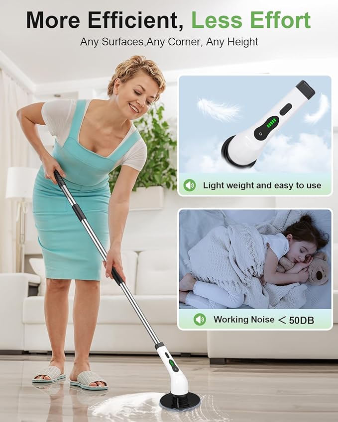 Electric Spin Scrubber, Cordless Cleaning Brush, Shower Scrubber with 9 Brush Heads 2H Power Dual Speed, Adjustable Extension Handle, IPX7 Waterproof for Tub Tile Floor Car, O-White.