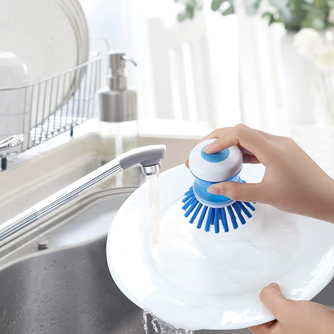Dish Brush with Soap Dispenser for Dishes Pot Pan Kitchen Sink Scrubbing, Blue 3 Pack