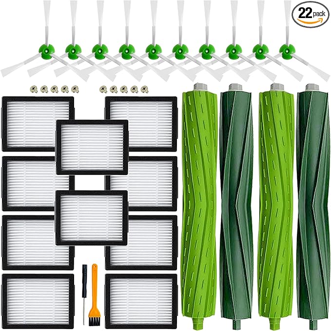 Replacement Parts for iRobot Roomba i3 i3+ i4 i4+ i5 i5+ i7 i7+ i8 i8+ j5 j5+ j7 E5 E6 E7 e, i, and j Series Robot Vacuums Replenishment Kit 2 Set Rubber Brushes,10 Vacuum Filters,10 Side Brushes