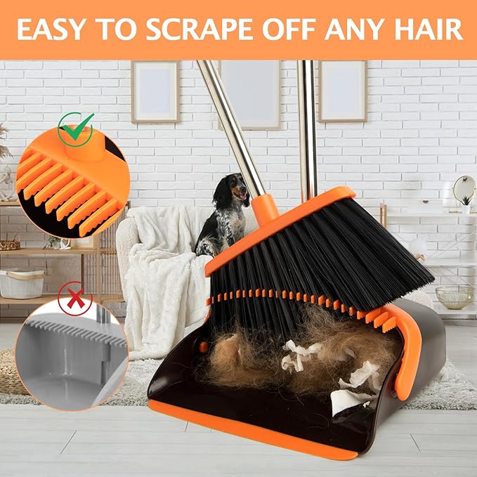 XXFLOWER Broom and Dustpan Set,Dustpans with Broom Combo for Home,Heavy Dust Broom and Dustpan Combo,Long Handle Dust Pan and Broom Set for Kitchen Office,Pet Hair(Brown Orange)