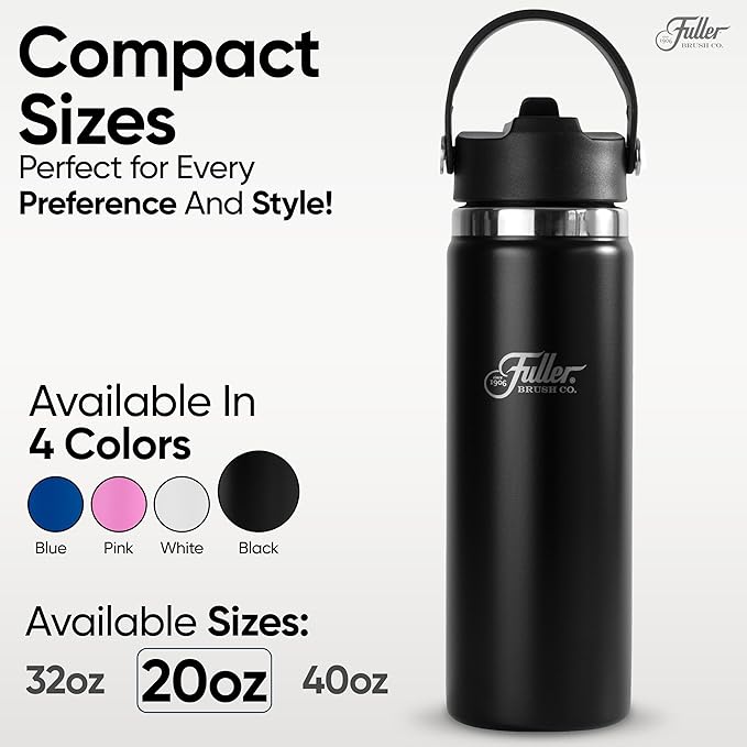 Fuller Stainless Steel Water Bottle with Straw Lid – BPA-Free, Sweat-Proof, Leak-Proof Travel Mug – Double Wall Insulated for Hot & Cold Drinks – Carry Handle (Black, 20 Oz.)