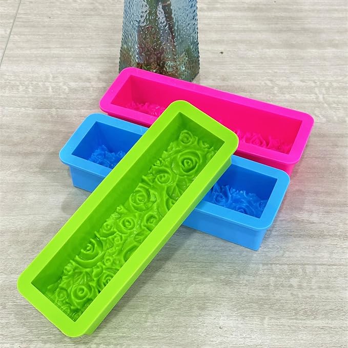 Flexible Rectangular Rose Soap Silicone Mold Flowers Craft Art Silicone Soap Mold Wood Box for Soap Making Supplies (Blue)
