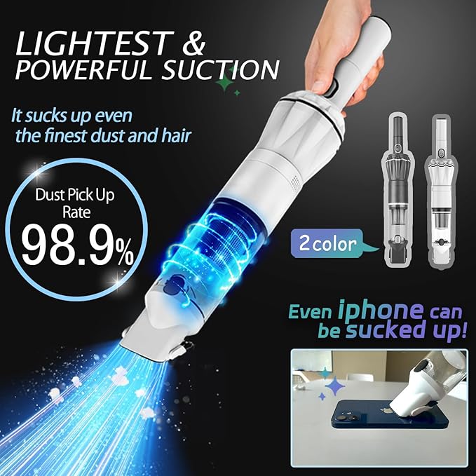 HIKALION Handheld Vacuum Cordless 25000PA, Super Lightweight 1lb with Powerful Suction, Charging Dock, Car Charger, Single Touch Empty and Detachable Dust Cup, Portable Mini Car Vac, White