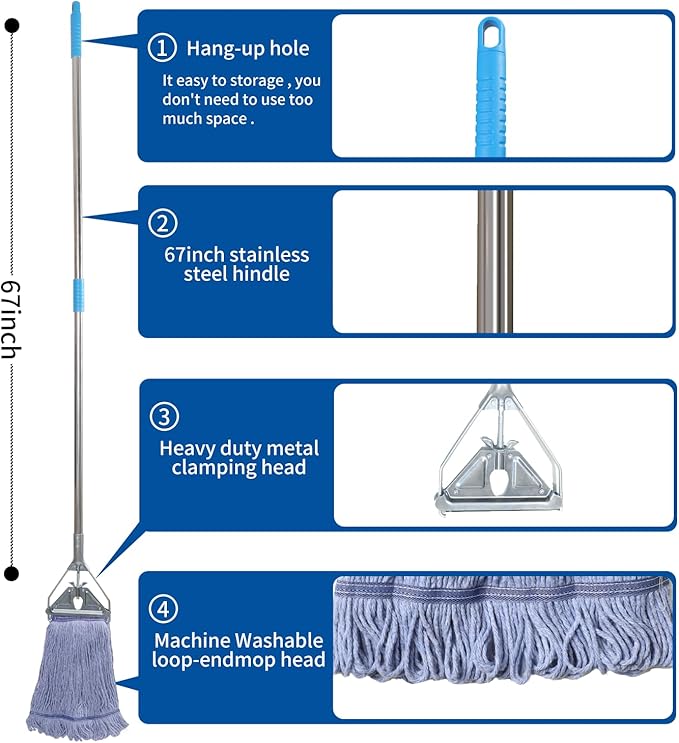 Midoneat Heavy Duty Loop End String Mop, 67Inch Stainless Steel Handle, Commercial Industrial Grade Mop for Floor Cleaning, 2 Packs