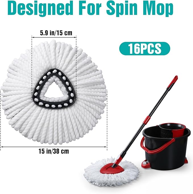 COMNICO 16 Pcs Spin Mop Replacement Heads, Microfiber Mop Replace Head White Large Deep Clean Refills Spin Mops for Easy House Cleaning Floor Mopping