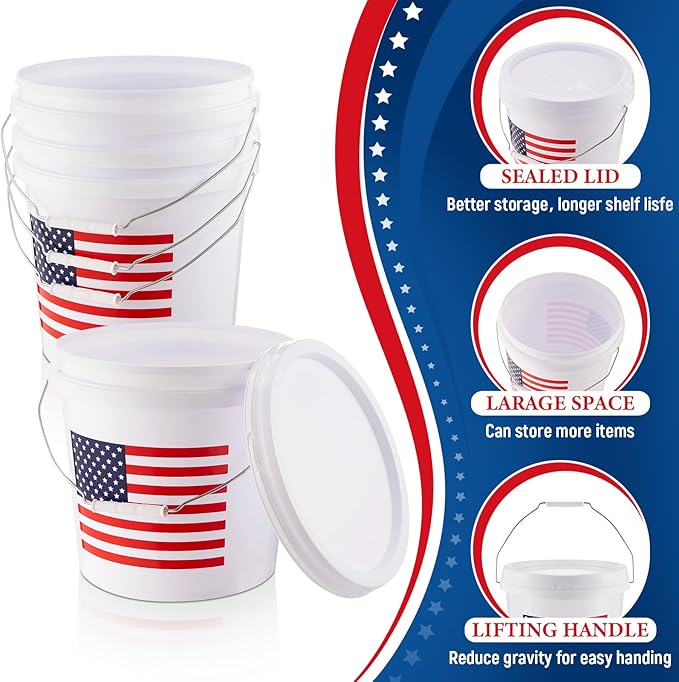 4 Pcs 2 Gallon Plastic Bucket with Lid and Handle, Large White Heavy Duty Bucket with American Flag for Home Gardening Tools Household Cleaning Baseballs Storage Container